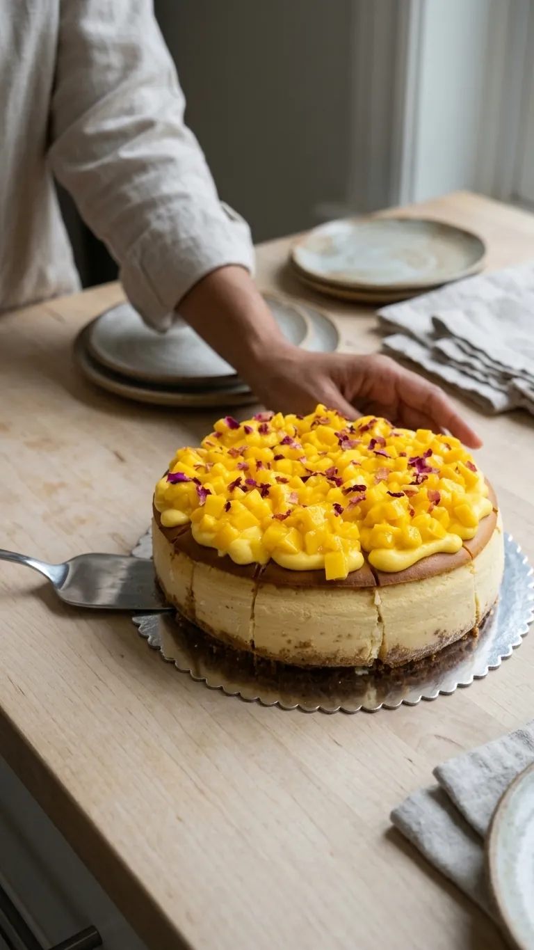 Baked mango cheesecake on a graham crust